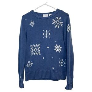 LIZ CLAIBORNE Blue Cotton Sweater Size M White Snowflake Design Crewneck EUC